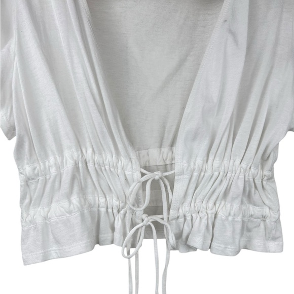 Garage white sheer cropped top, S, ruffle sleeves, tie up front, deep v, coverup - Picture 2 of 5